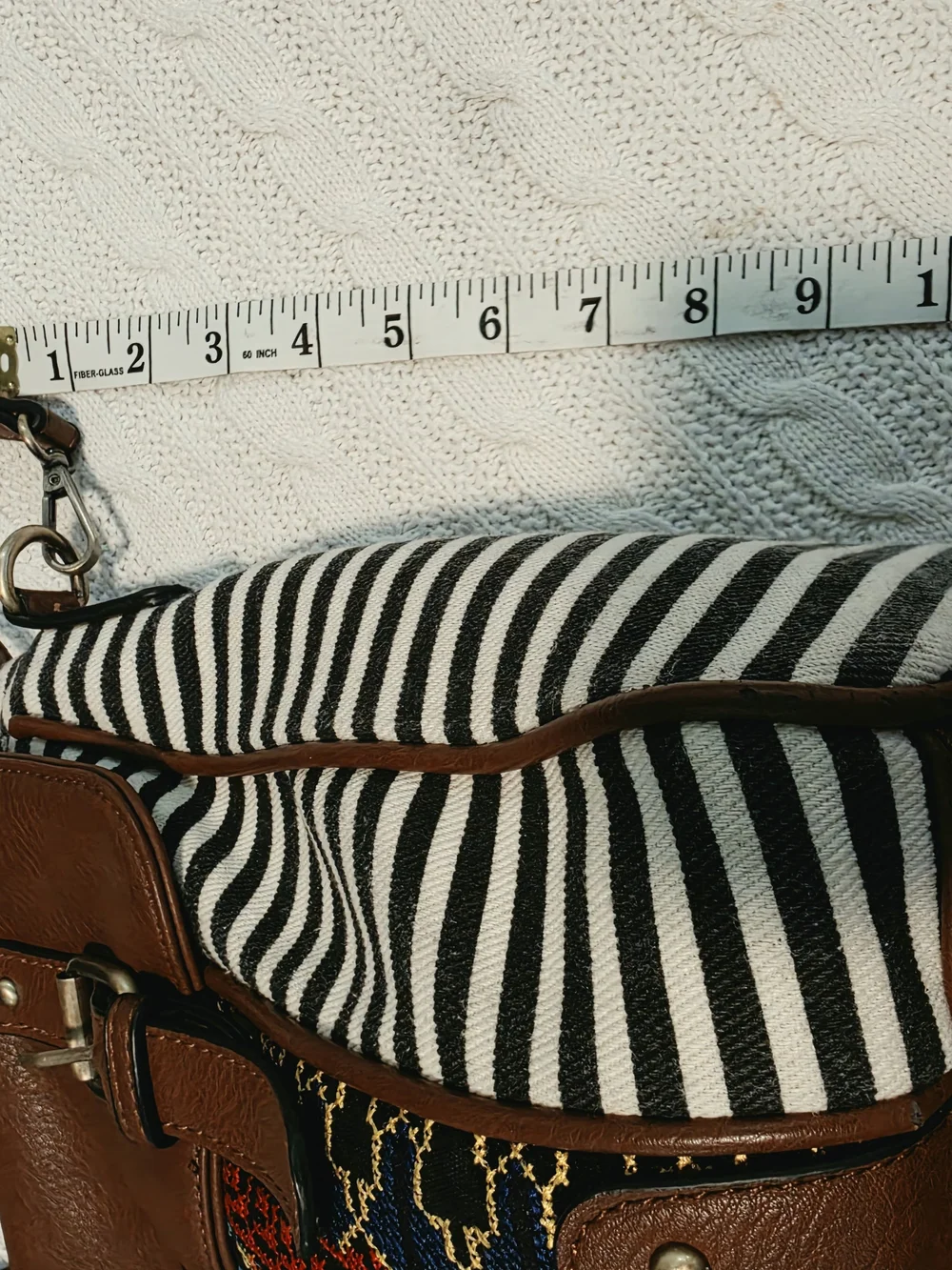 Jen & Co Brown Leather Braided Handle Striped Embroidered Padded Camera Bag Boho